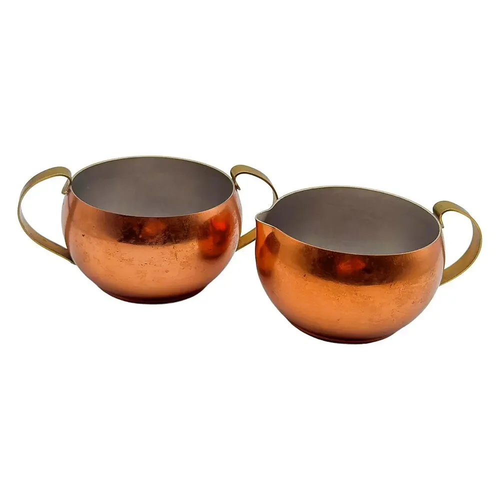 Vintage Colonial Copper & Brass Ware 4-Piece Kettle w/Lid Creamer and Sugar Bowl